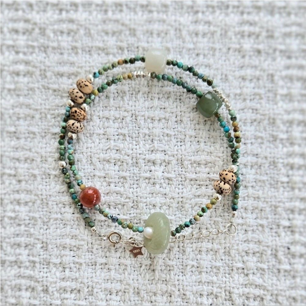 Double Wrap Bracelet With Genuine Jade Peace Ring & Turquoise Beads - NWOT